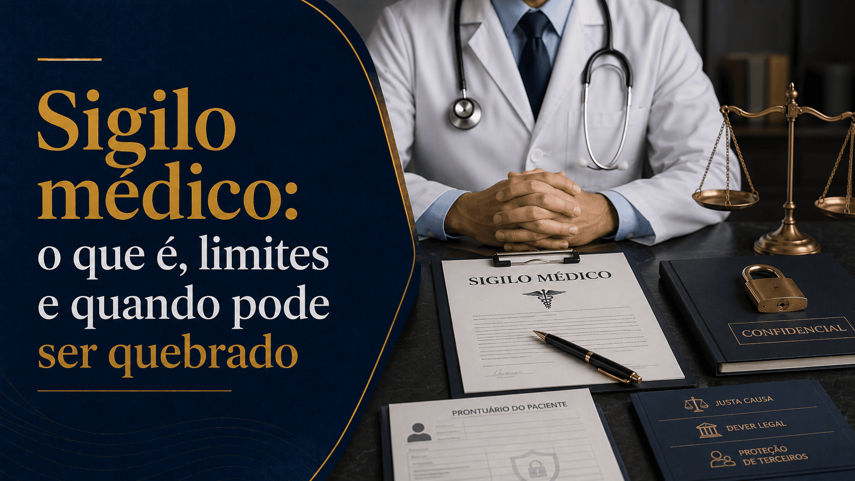 Médico com prontuário fechado sobre a mesa do consultório, simbolizando o sigilo médico